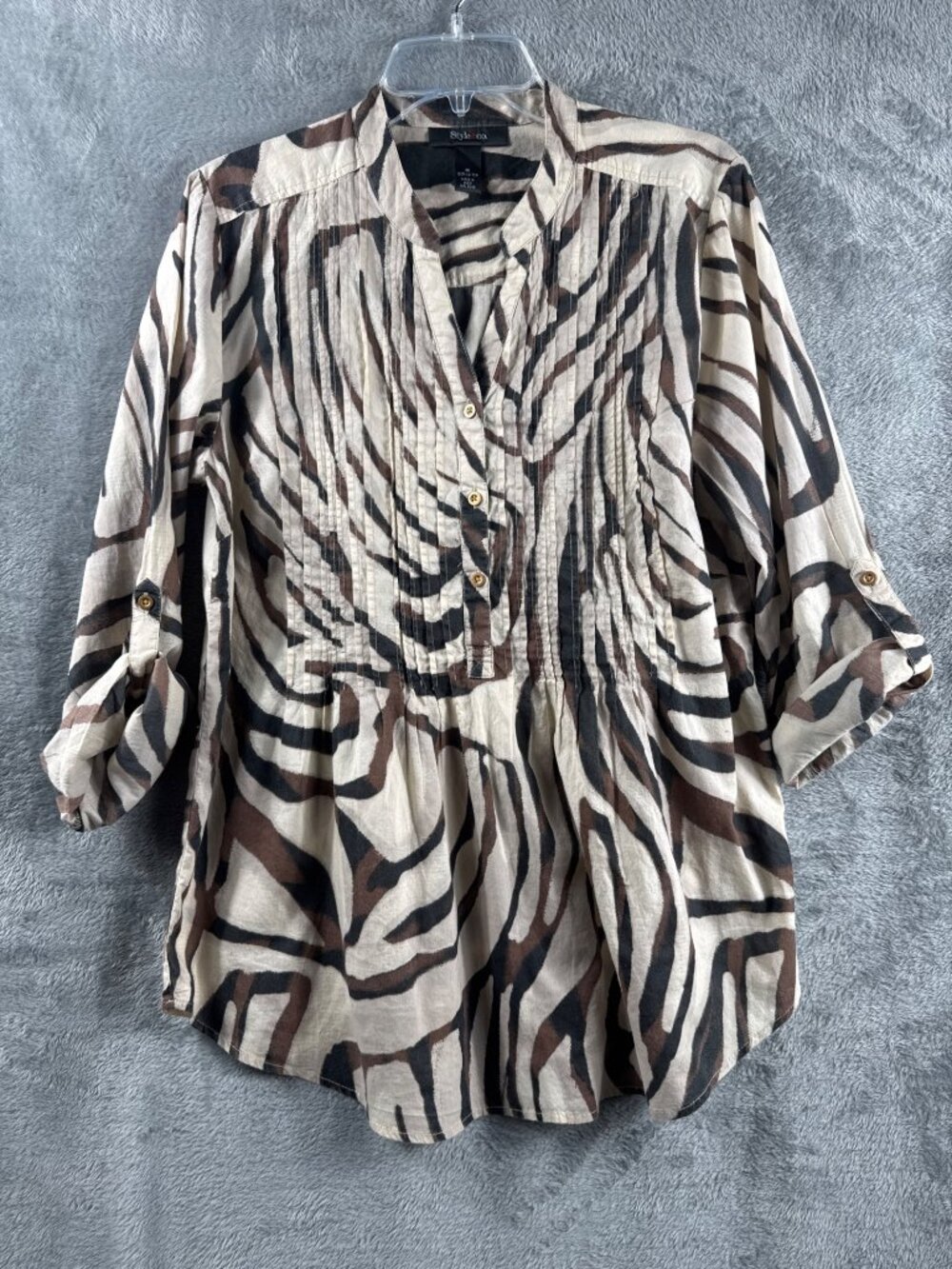 Womens Style & Co Zebra Print Button-Front Blouse M 100% Cotton Brown/Beige 3/4 - Picture 4 of 11